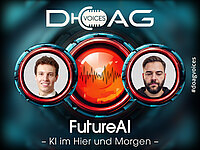 DOAG-Voices-Banner "FutureAI – KI im Hier und Morgen" mit Porträts von Benjamin Linnik und Franz Bettag rund um eine rote Schallwelle