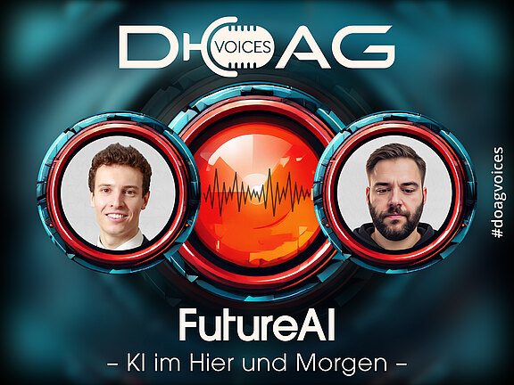 DOAG-Voices-Banner "FutureAI – KI im Hier und Morgen" mit Porträts von Benjamin Linnik und Franz Bettag rund um eine rote Schallwelle