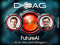 DOAG VOICES Banner 'FutureAI – KI im Hier und Morgen': zwei Porträts, verbunden durch Mikrofon-Symbol.