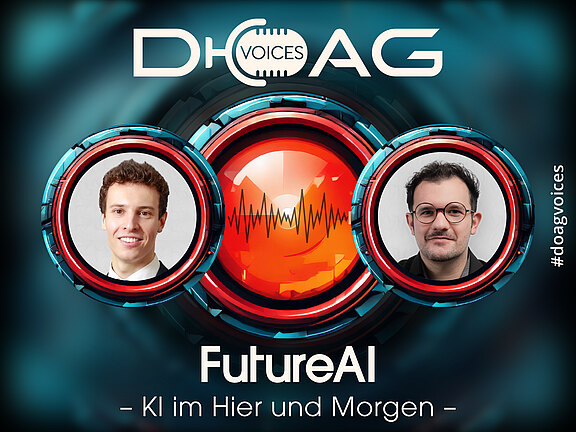 DOAG VOICES Banner 'FutureAI – KI im Hier und Morgen': zwei Porträts, verbunden durch Mikrofon-Symbol.