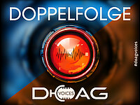 DOAG VOICES Doppelfolge: Banner mit Mikrofon-Icon, Audiowelle und Hashtag #doagvoices.