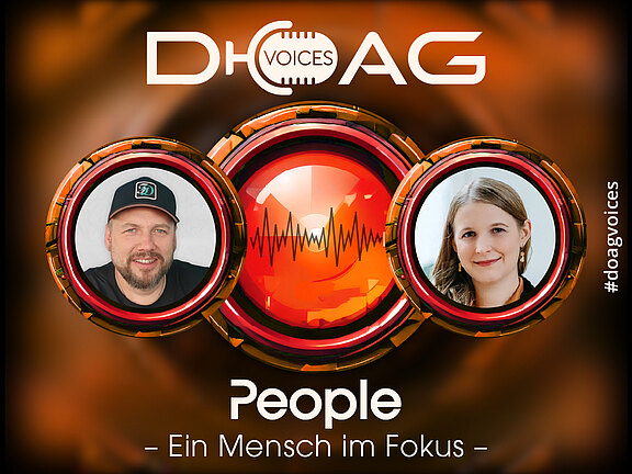 DOAG-VOICES-Banner "People – Ein Mensch im Fokus" mit Porträts von David Koenig und Rebekka Mander, #doagvoices"